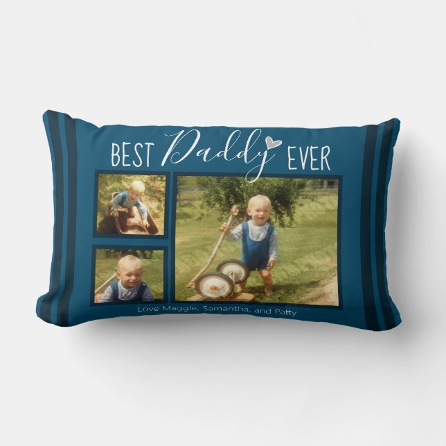 Best Daddy Ever Custom 3 Photo Collage Blue Lumbar Pillow (Front)