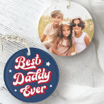 Best daddy ever dad father's day photo blue red keychain<br><div class="desc">Keychain featuring the text "Best daddy ever" in a retro font surrounded by white stars. On the back is a customizable photo template. Default colors are red,  blue and white but all colors can be customized in the design tool.</div>