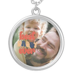Best Daddy Ever Retro Personalized Photo   Silver Plated Necklace