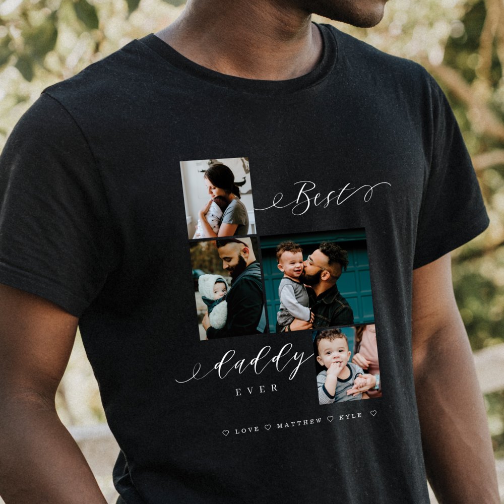 Discover Best Daddy Ever Script Family Photo Keepsake Black Personalized T-Shirt