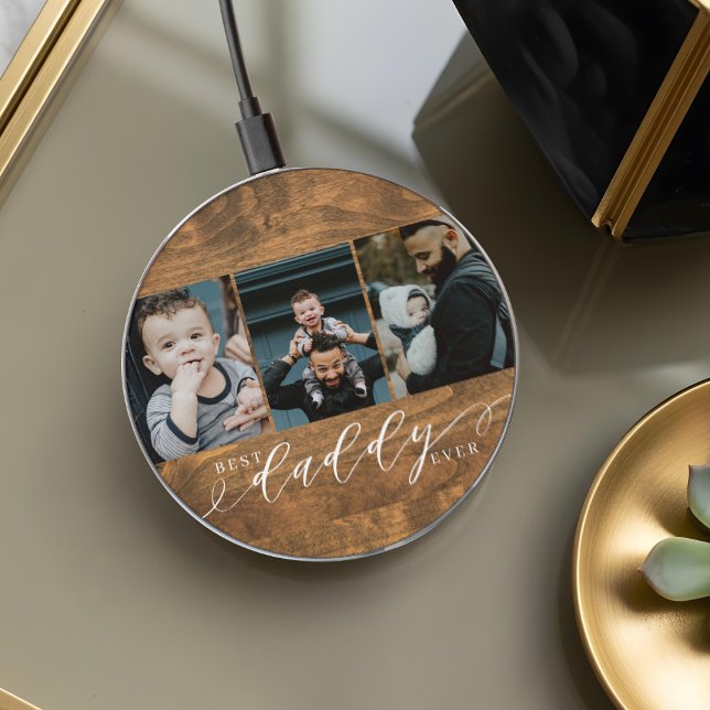 Best Daddy Ever Woodgrain Fathers Day Family Photo Wireless Charger (Best Daddy Ever Woodgrain Fathers Day Family Photo Wireless Charger)