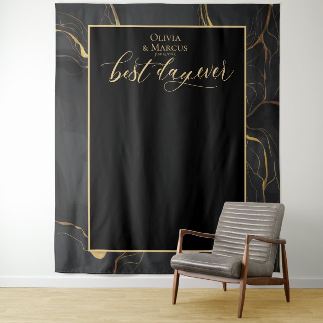 Best Day Ever Black Marble Wedding Photo Backdrop (In Situ)