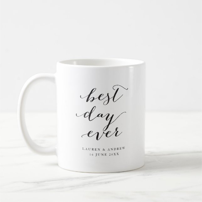 Best Day Ever Black & White Calligraphy Wedding Coffee Mug (Left)