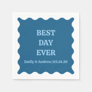 Best Day Ever Blue Chic Scalloped Custom Wedding Napkins