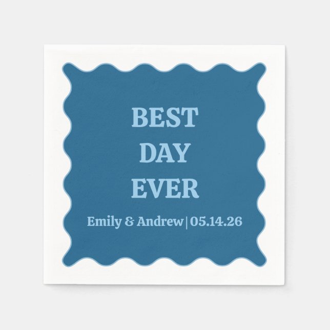 Best Day Ever Blue Chic Scalloped Custom Wedding  Napkins (Front)