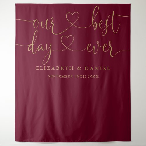 Best Day Ever Burgundy And Gold Script Wedding Tapestry