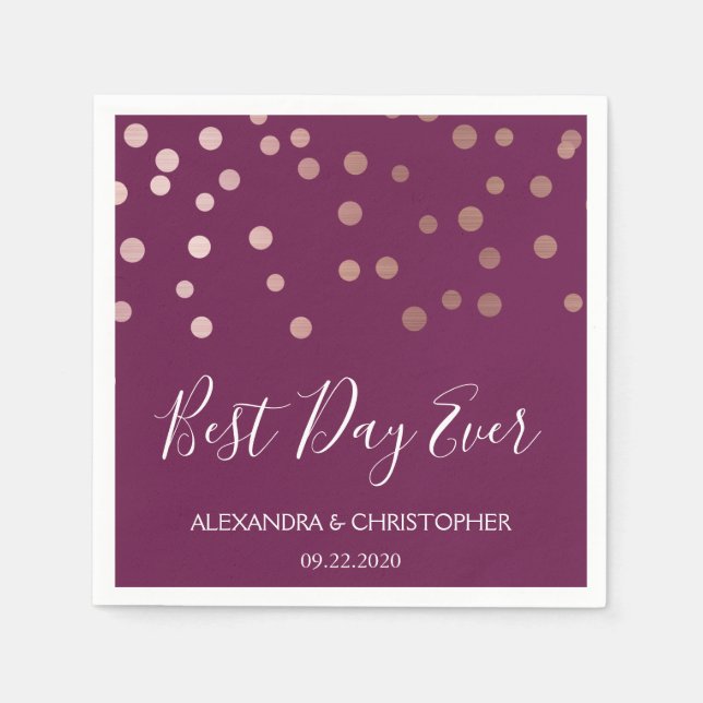 Best Day Ever Burgundy Confetti Wedding Napkins (Front)