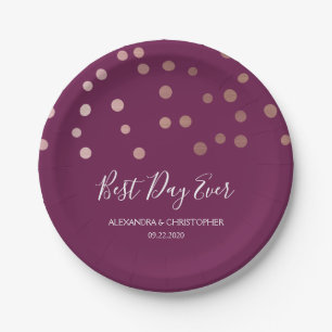 Best Day Ever Burgundy Confetti Wedding Paper Plates