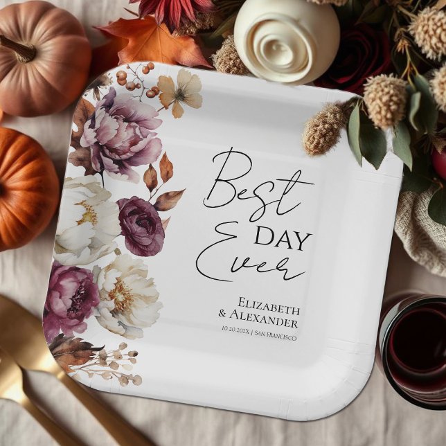 Best Day Ever | Burgundy Floral  Autumn Wedding Paper Plates (Creator Uploaded)