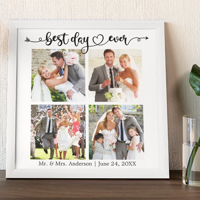 Best Day Ever Calligraphy 4 Photo Collage Wedding Peel And Stick Photo Tile (Customize to change your personalized text size or text style.)