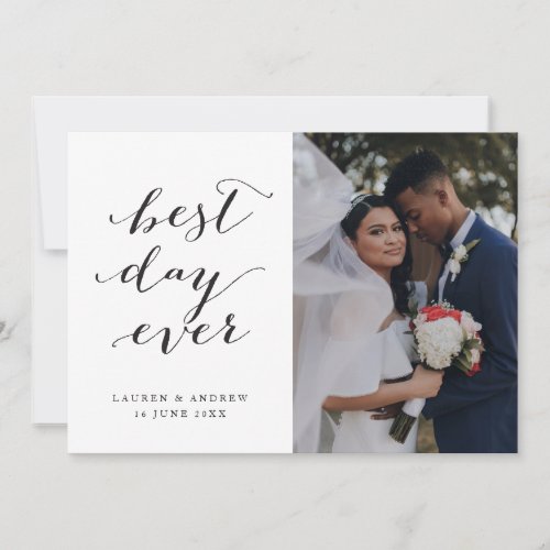 Best Day Ever Calligraphy Wedding 3 Photo Thank You Card