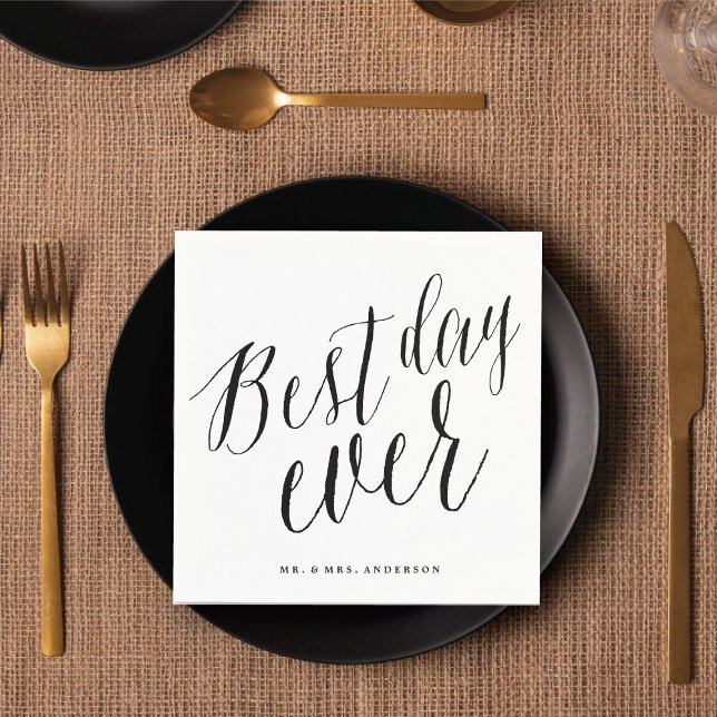 Best Day Ever Classic Script Calligraphy Wedding Napkins (BEST DAY EVER Classic Script Calligraphy Wedding Paper Napkins @ fatfatin_blue_knot)