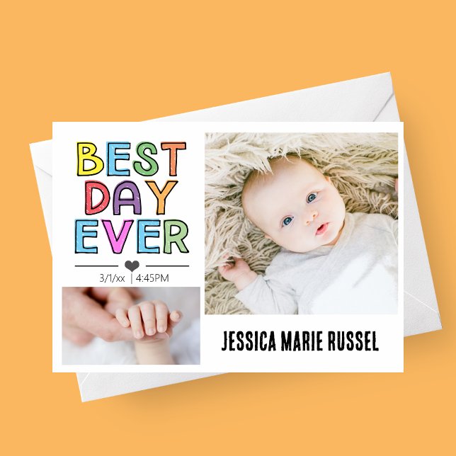 Best Day Ever Colorful Birth Announcement Card (best day ever colorful playful photo birth announcement card with two photos)