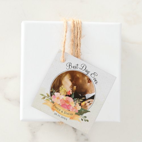 Best Day Ever Cute Peach Floral Photo Wedding Favor Tags