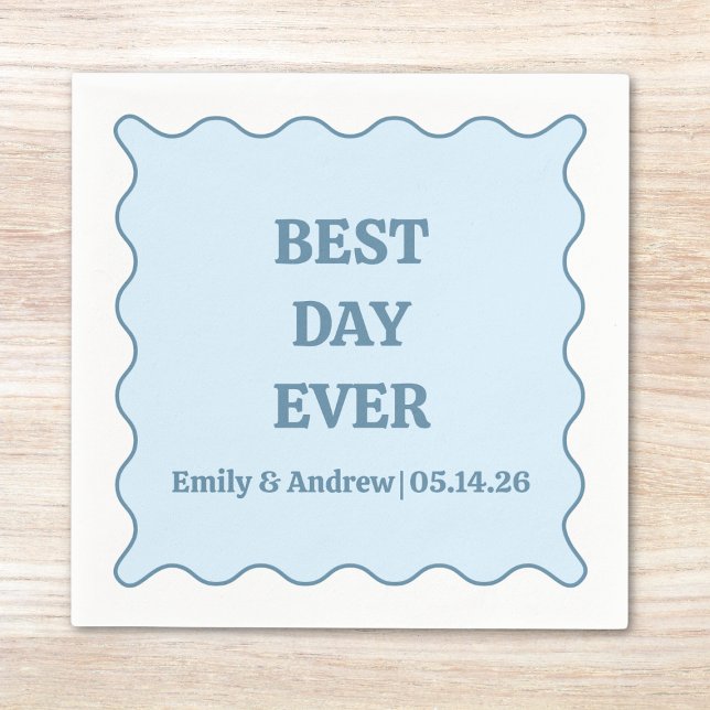 Best Day Ever Dusty Blue Scalloped Custom Wedding  Napkins (Creator Uploaded)