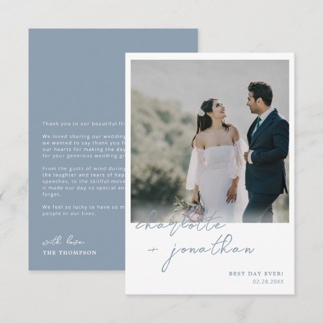 Best Day Ever Dusty Blue Script Photo Wedding Thank You Card (Front/Back)