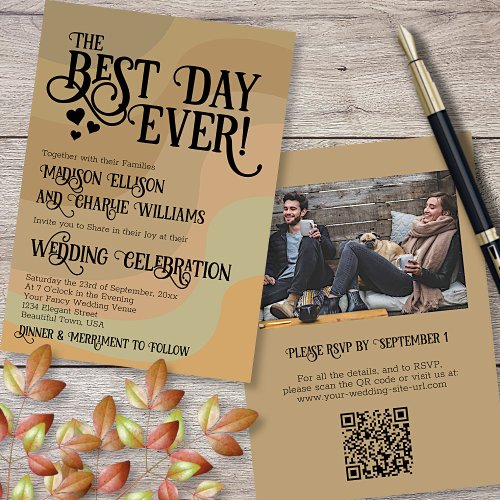Best Day Ever Earthtone QR Code  Photo Wedding Invitation