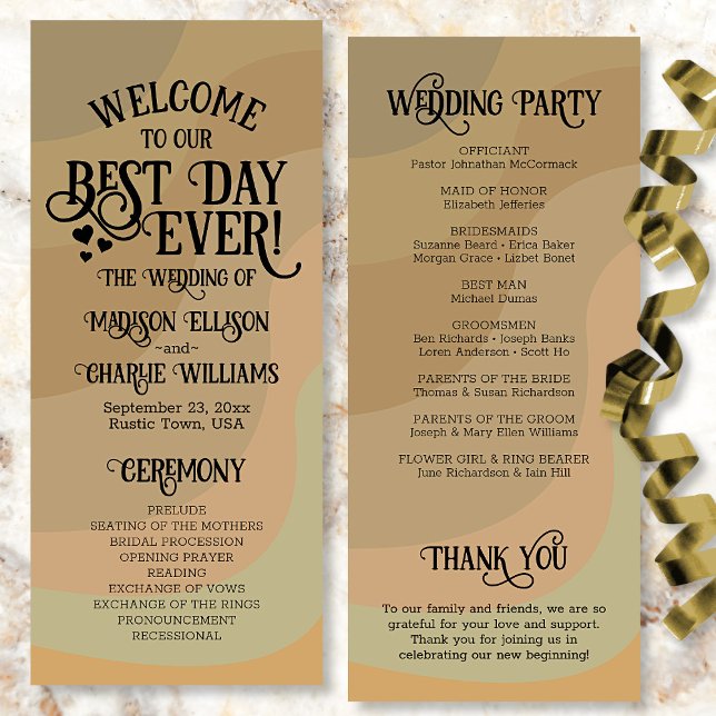 Best Day Ever Earthtone Retro Swirls Wedding Program (In Situ Front and Back)