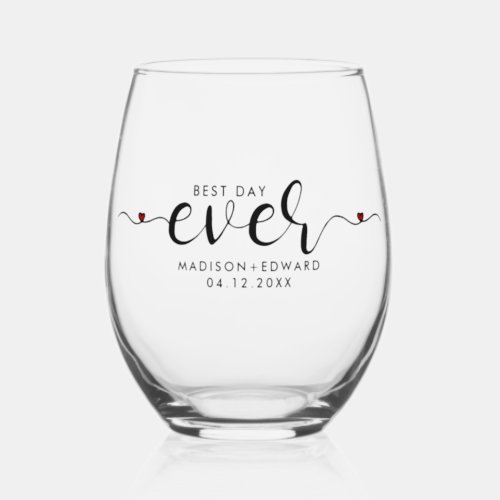 Best Day Ever Elegant Black Typography Hearts Stemless Wine Glass