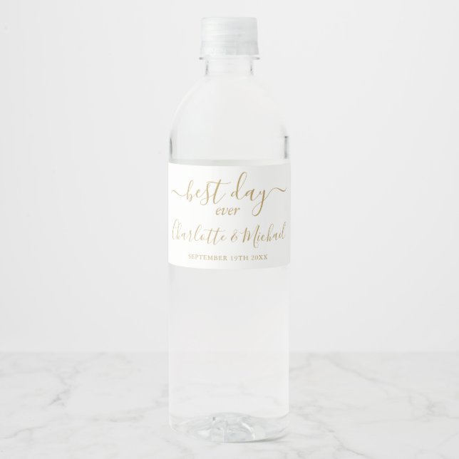 Best Day Ever Elegant Gold Script Wedding Water Bottle Label (Front)