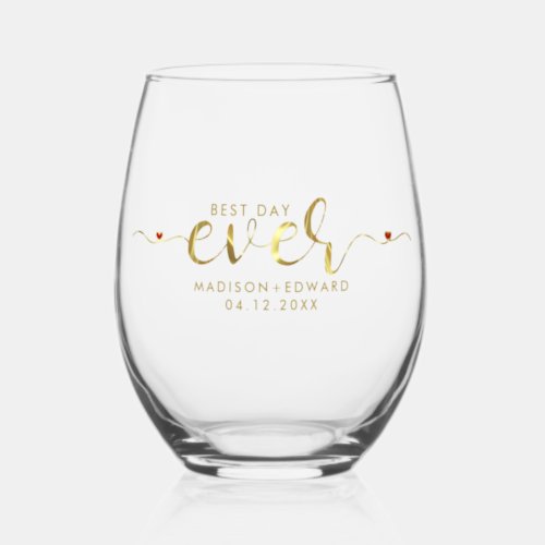 Best Day Ever Elegant Gold Typography Hearts Stemless Wine Glass