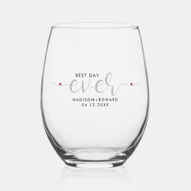 Best Day Ever Elegant Gray Red Typography Hearts Stemless Wine Glass (Front)