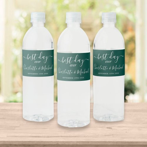 Best Day Ever Elegant Script Emerald Green Wedding Water Bottle Label