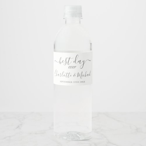 Best Day Ever Elegant Silver Gray Script Wedding Water Bottle Label