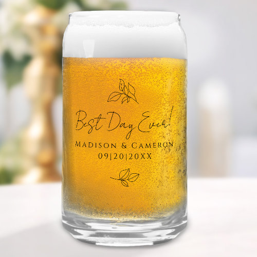 Best Day Ever Elegant Wedding Leaves Black Party Can Glass