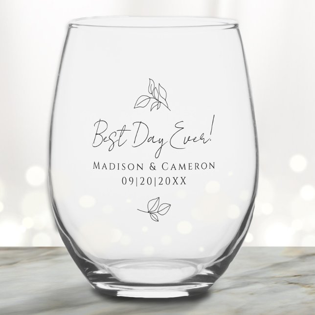 Best Day Ever Elegant Wedding Leaves Black Party Stemless Wine Glass (Best Day Ever Elegant Wedding Leaves Black Party Stemless Wine Glass)