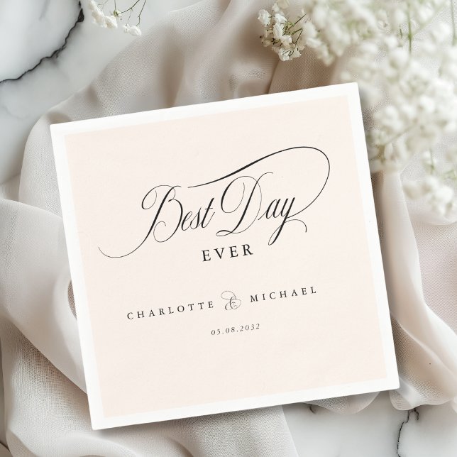 BEST DAY EVER!  Elegant, Wedding Napkins (BEST DAY EVER! Elegant, modern, minimal beige Wedding Napkins with your name and date)