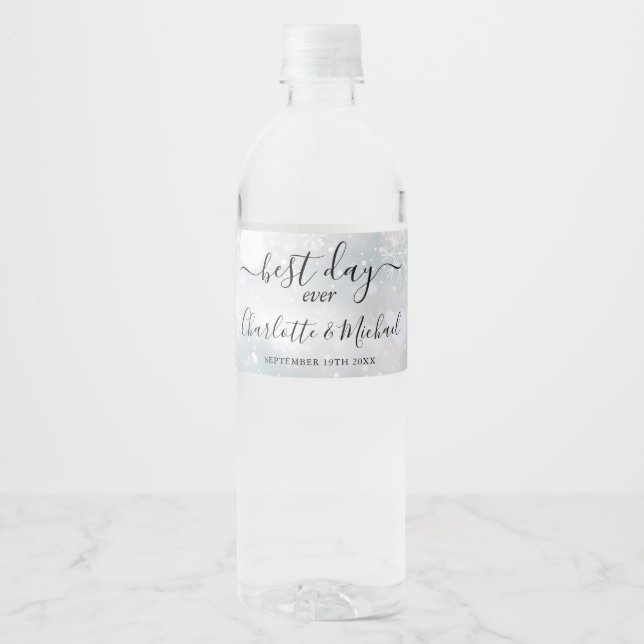 Best Day Ever Elegant Winter Snowflakes Wedding Water Bottle Label (Front)
