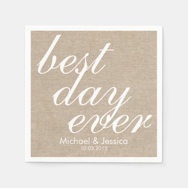 Best day ever faux burlap rustic chic wedding name paper napkins (Front)