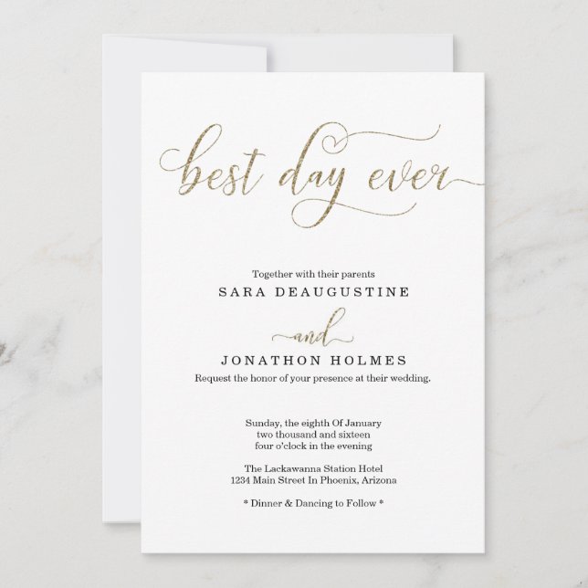 "Best Day Ever" Gold Glitter Wedding Invitation (Front)