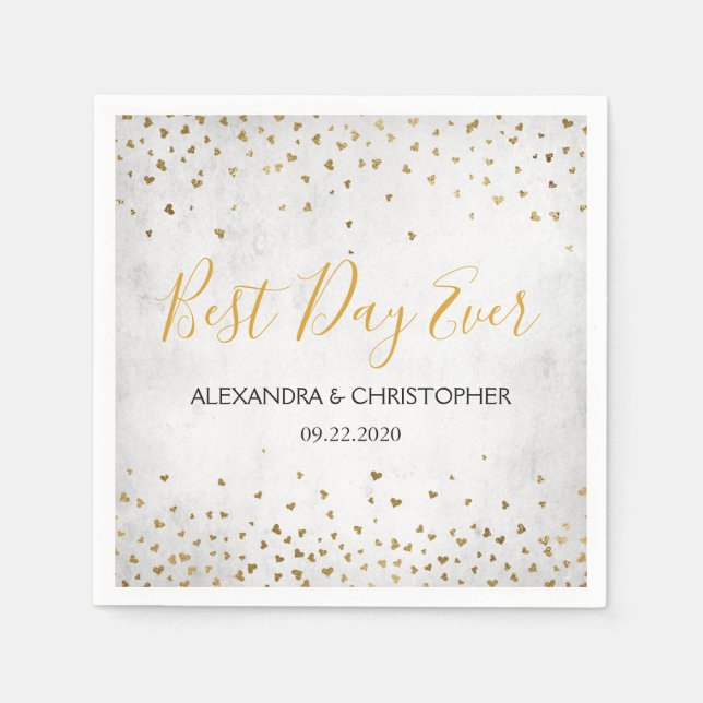 Best Day Ever Gold Hearts Confetti Wedding Napkins (Front)