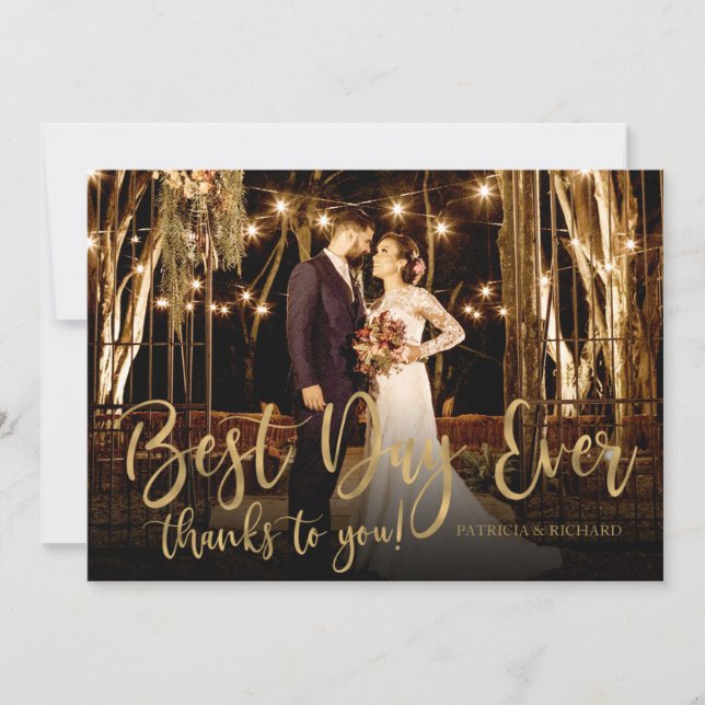 Best Day Ever Gold Script Photo Wedding Thank You Card (Front)