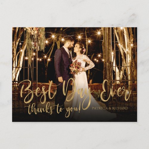 Best Day Ever Gold Script Photo Wedding Thank You Postcard