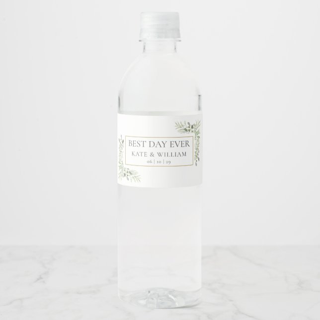 Best Day Ever Greenery Foliage Wedding Water Bottle Label (Front)