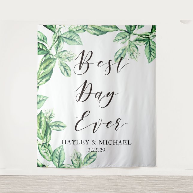 Best Day Ever Greenery Wedding Photo Backdrop (Front)
