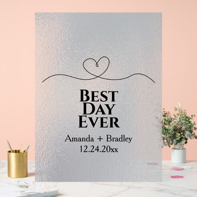 Best Day Ever Heart Glass Effect Wedding Date Acrylic Sign (Wedding)
