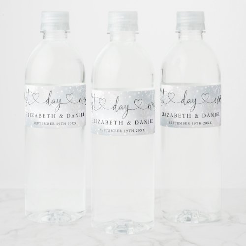 Best Day Ever Heart Script Winter Wedding Water Bottle Label