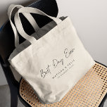 Best Day Ever Minimalist Clean Simple Wedding Day Large Tote Bag<br><div class="desc">Simple, stylish "best day ever" wedding day tote bag in a modern minimalist design style with a handwritten script typography in classic black and white written in an informal casual style. The text can easily be personalized for a unique one of a kind design for your special day. Why not...</div>