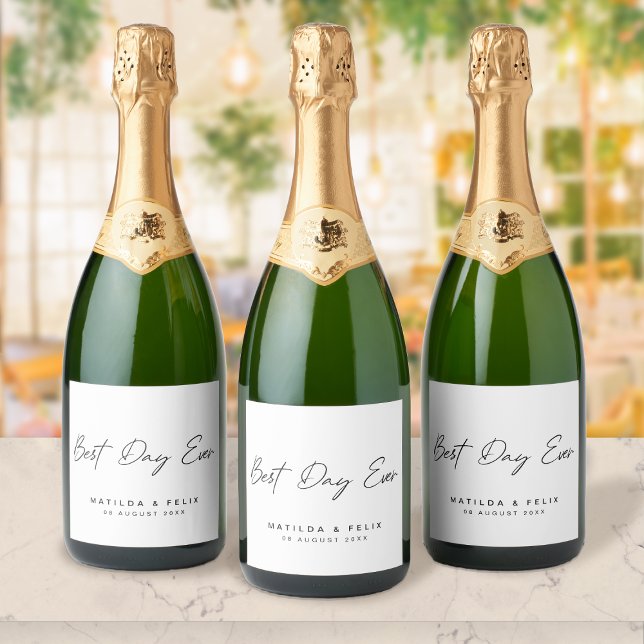 Best Day Ever Minimalist Clean Simple Wedding Day Sparkling Wine Label (Creator Uploaded)