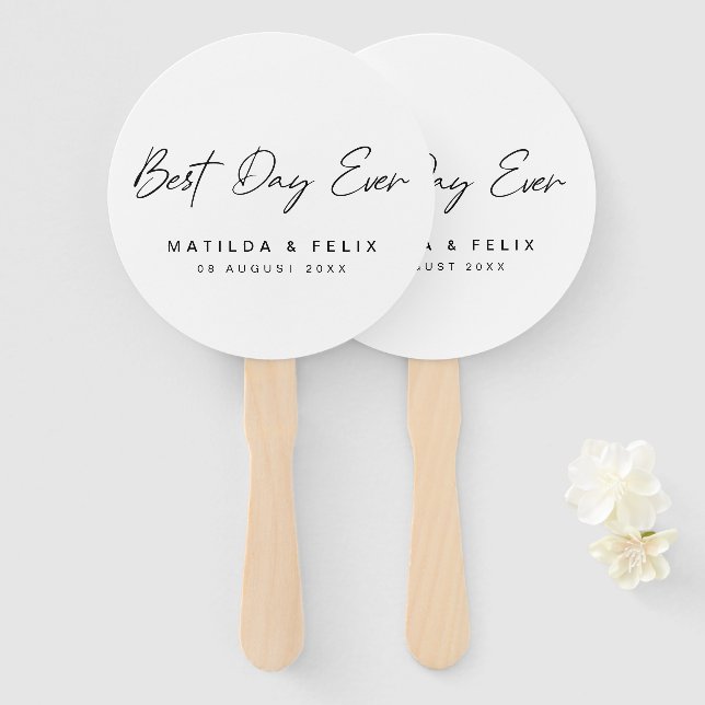 Best Day Ever | Minimalist White Wedding Day Hand Fan (Front and Back)