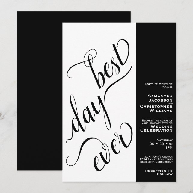 Best Day Ever Modern 2 Pane Black & White Wedding Invitation (Front/Back)