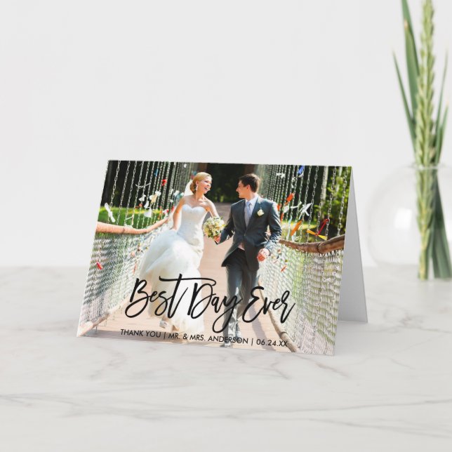 Best Day Ever Modern Brush Script Wedding Fold Letterpress Thank You Card (Front)