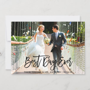 Best Day Ever Modern Brush Script Wedding Photo Thank You Card