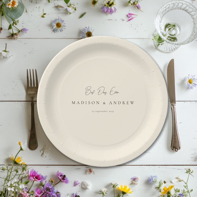 BEST DAY EVER! Modern Minimal Beige Wedding Paper Plates (BEST DAY EVER! Modern Minimal White Wedding Paper Plates with your Name and date.)