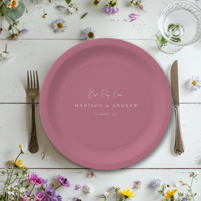 BEST DAY EVER! Modern Minimal Berry Wedding Paper Plates (BEST DAY EVER! Modern Minimal Wedding Paper Plates with your Name and date.)