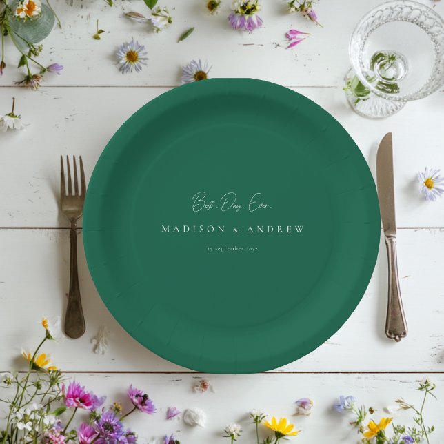 BEST DAY EVER! Modern Minimal Green Wedding Paper Plates (BEST DAY EVER! Modern Minimal Green Wedding Paper Plates with your Name and date.)